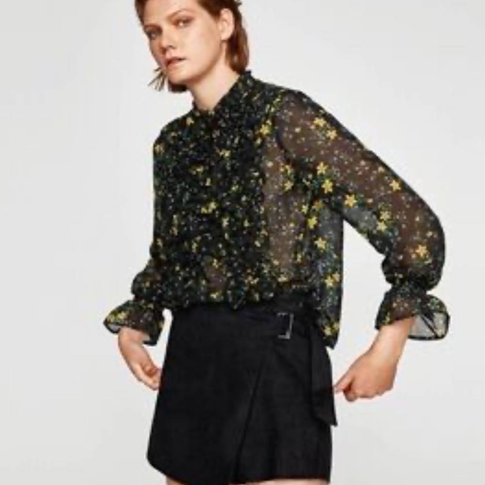 ZARA Floral Black and Yellow Top sz XL